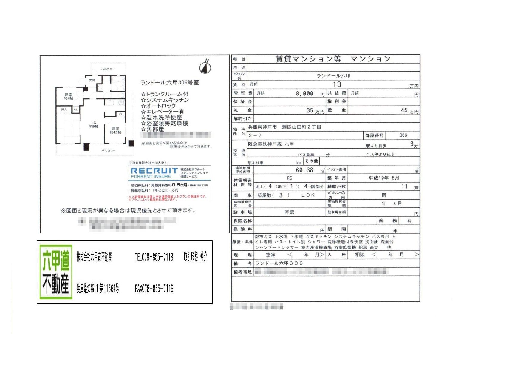 （終了）山田町３丁目のランドール六甲です！！３０６号室