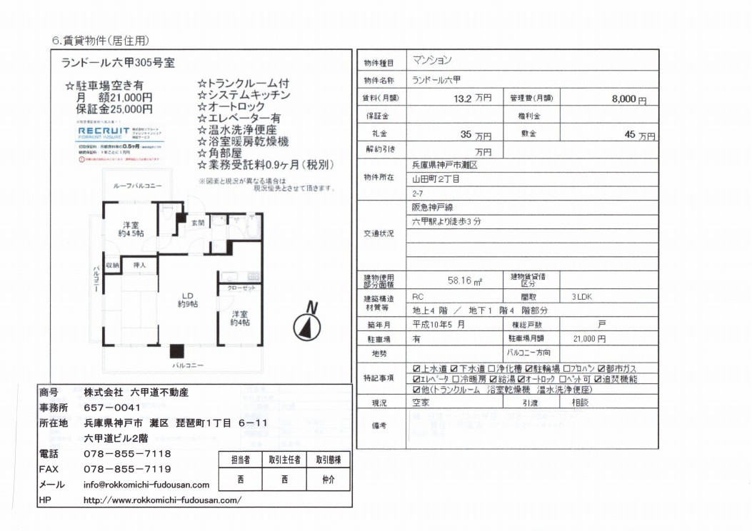 （終了）ランドール六甲３０５号室（空きあり）山田町